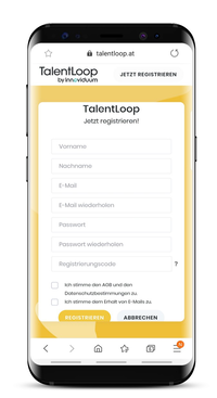 Screenshot Smartphone: Anmeldeformular zu Talent Loop