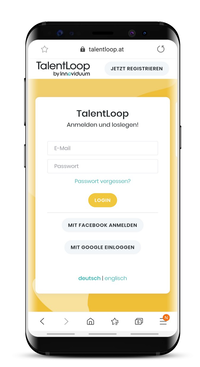 Screenshot Smartphone: Anmeldeformular zu TalentLoop