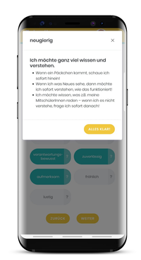 Screenshot Smartphone: Pop up Fenster Erklärung zur Aufgabenstellung