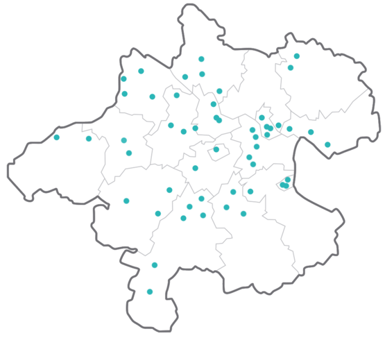 Teilnehmende Schulen mit Punkten auf OÖ Landkarte eingezeichnet